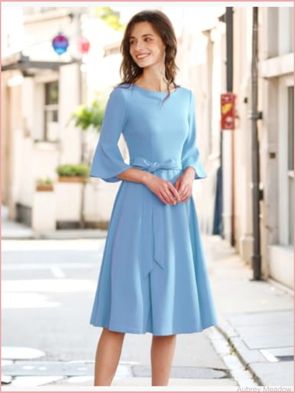 Vintage Bell Sleeve Swing Midi Dress with Belt for Church Wedding Cocktail - Picture 2 of 7